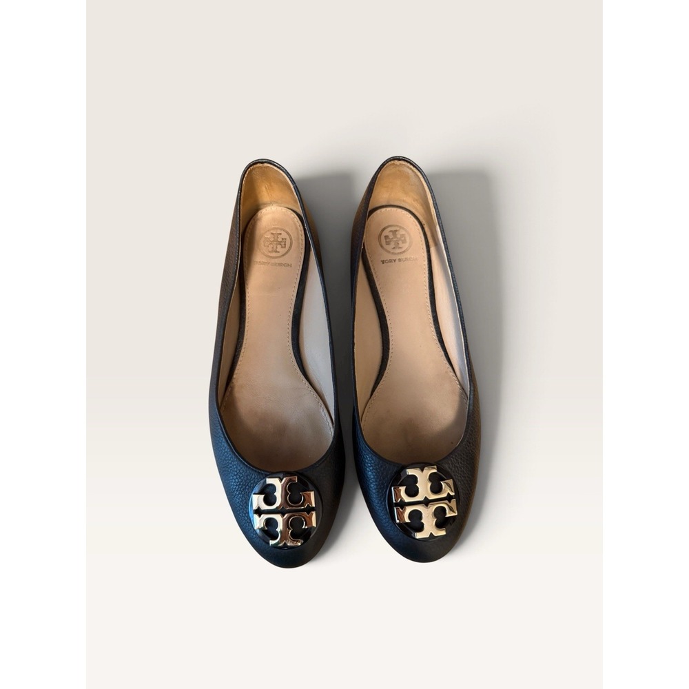 Tory Burch Reva Ballet Flats Womens 8.5 Black Leather Gold Logo Medallion